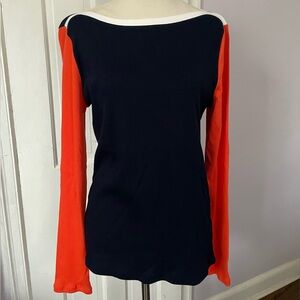 Lauren Ralph Lauren Women’s 100% Cotton Navy & Orange Ribbed Long Sleeve Top, L